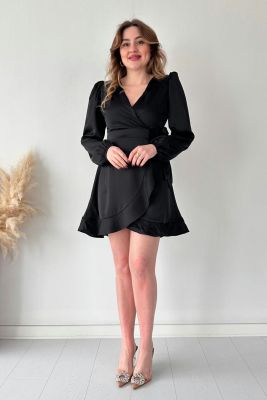 Anvelop Saten Elbise Siyah - Thumbnail