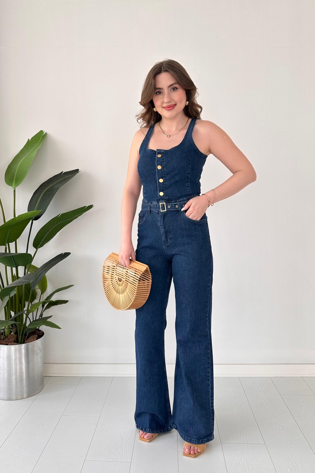 Askılı Flare Denim Tulum Lacivert - Thumbnail