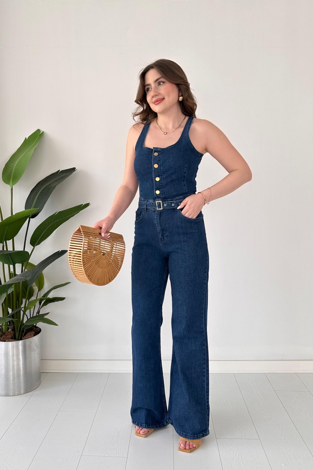Askılı Flare Denim Tulum Lacivert - Thumbnail