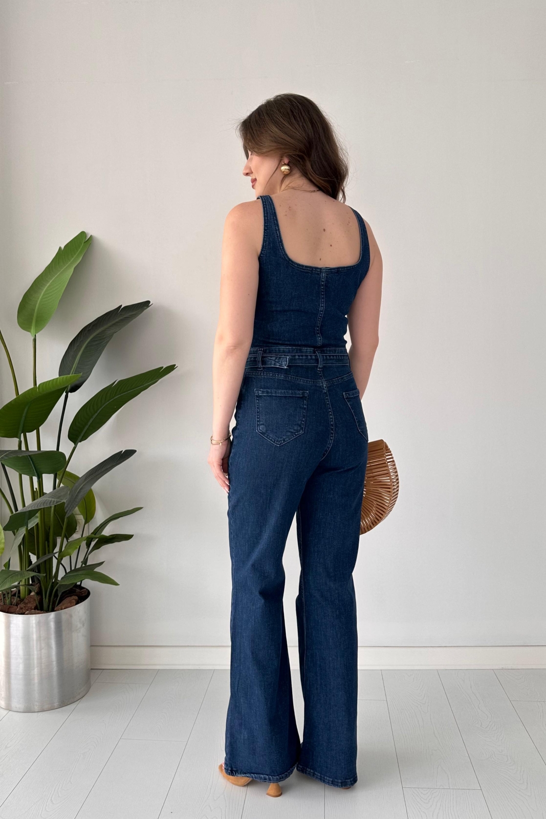 Askılı Flare Denim Tulum Lacivert - Thumbnail