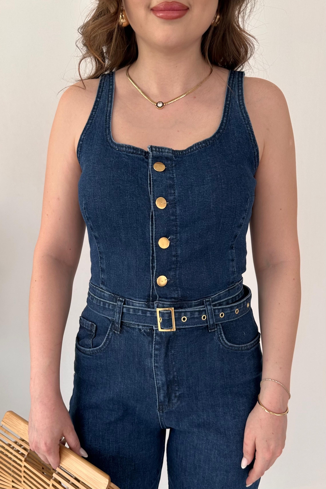 Askılı Flare Denim Tulum Lacivert - Thumbnail