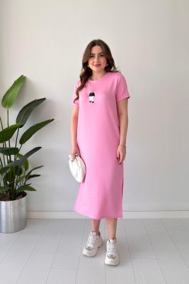 Ayıcık Nakışlı Modal Elbise Pembe - Thumbnail