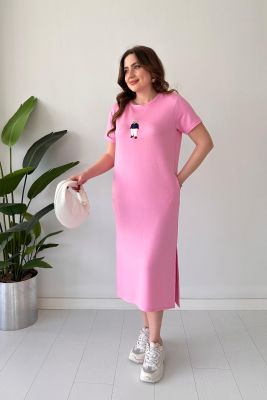 Ayıcık Nakışlı Modal Elbise Pembe - Thumbnail