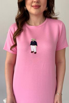 Ayıcık Nakışlı Modal Elbise Pembe - Thumbnail