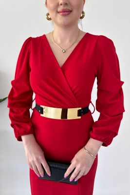 Ayna Kemerli Krep Elbise Kırmızı - Thumbnail
