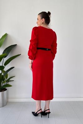 Ayna Kemerli Krep Elbise Kırmızı - Thumbnail