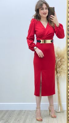 MaziButik - Ayna Kemerli Krep Elbise Kırmızı