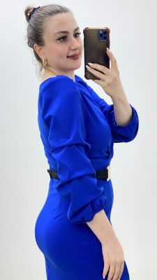 Ayna Kemerli Krep Elbise Saks Mavi - Thumbnail