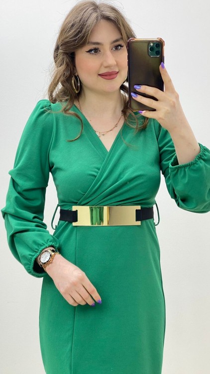 Ayna Kemerli Krep Elbise Yeşil
