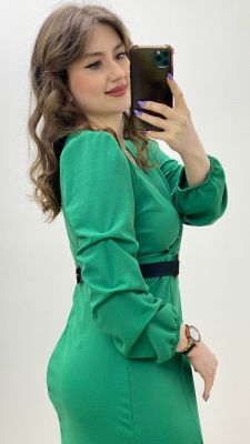 Ayna Kemerli Krep Elbise Yeşil - Thumbnail