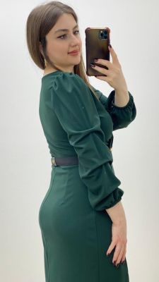 Ayna Kemerli Krep Elbise Zümrüt Yeşil - Thumbnail