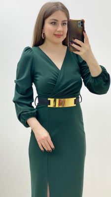 Ayna Kemerli Krep Elbise Zümrüt Yeşil - Thumbnail