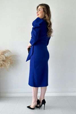 Bağlamalı Krep Elbise Saks Mavi - Thumbnail