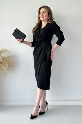 Bağlamalı Krep Elbise Siyah - Thumbnail