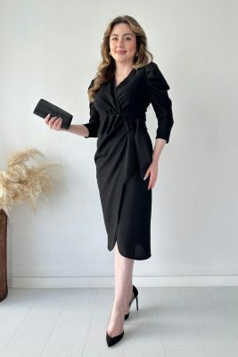 Bağlamalı Krep Elbise Siyah - Thumbnail