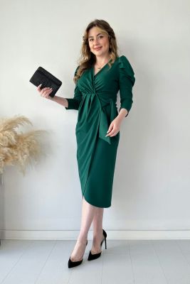 Bağlamalı Krep Elbise Zümrüt Yeşili - Thumbnail