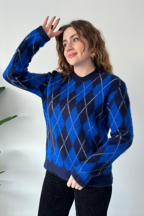 Pull à motifs losanges bleu marine