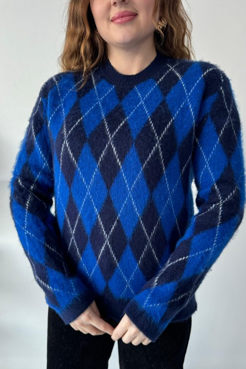Pull à motifs losanges bleu marine