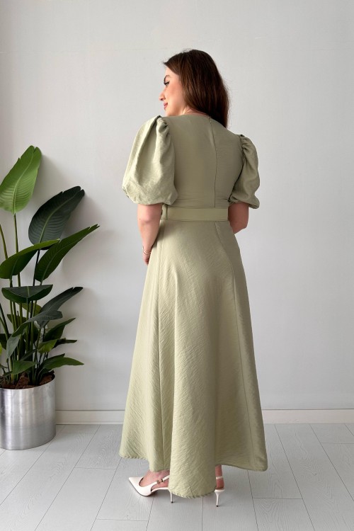 Robe ceinturée à manches ballon menthe