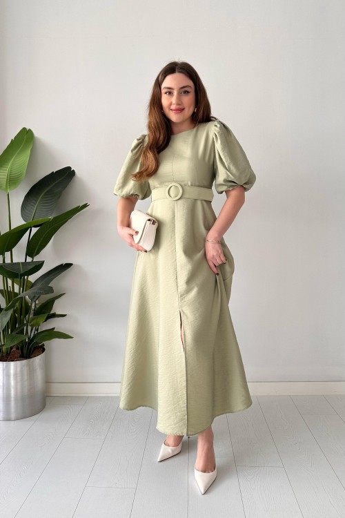 Robe ceinturée à manches ballon menthe