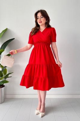 Bel Gipeli Poplin Elbise Kırmızı - Thumbnail
