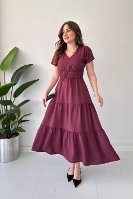 Beli Lastikli Elbise Bordo - Thumbnail