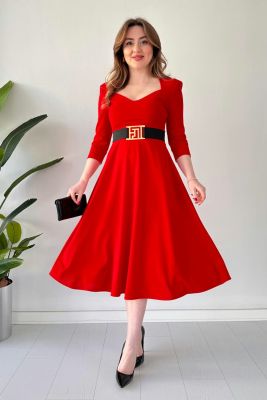 Beşgen Yaka Kemerli Krep Elbise Kırmızı - Thumbnail