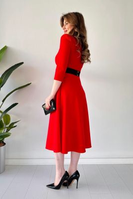 Beşgen Yaka Kemerli Krep Elbise Kırmızı - Thumbnail