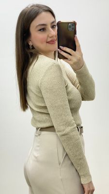 Bisiklet Yaka Triko Kazak Bej Bej - Thumbnail
