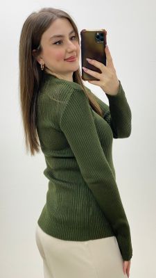 Bisiklet Yaka Triko Kazak Haki Haki - Thumbnail