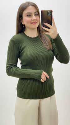 Bisiklet Yaka Triko Kazak Haki Haki - Thumbnail