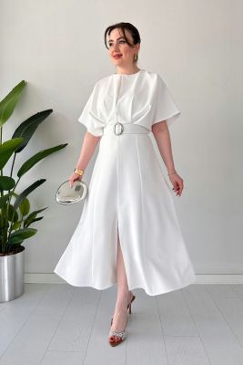 Midi Boy Tasarım Elbise Beyaz - Thumbnail