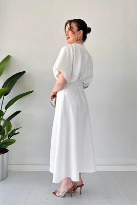 Midi Boy Tasarım Elbise Beyaz - Thumbnail