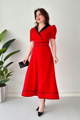 Biyeli Tasarım Elbise Kırmızı - Thumbnail