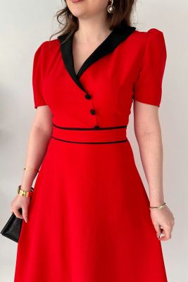 Biyeli Tasarım Elbise Kırmızı - Thumbnail
