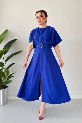 Midi Boy Tasarım Elbise Mavi - Thumbnail