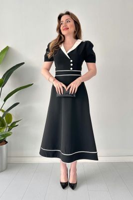 Biyeli Tasarım Elbise Siyah - Thumbnail