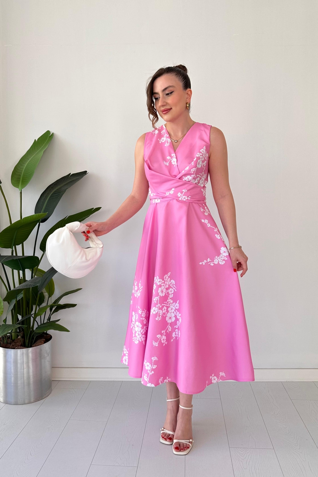 Burgu Bağlama Elbise Pembe - Thumbnail