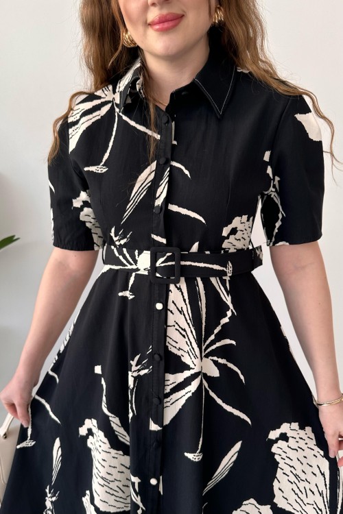 Robe en popeline à grands motifs noire