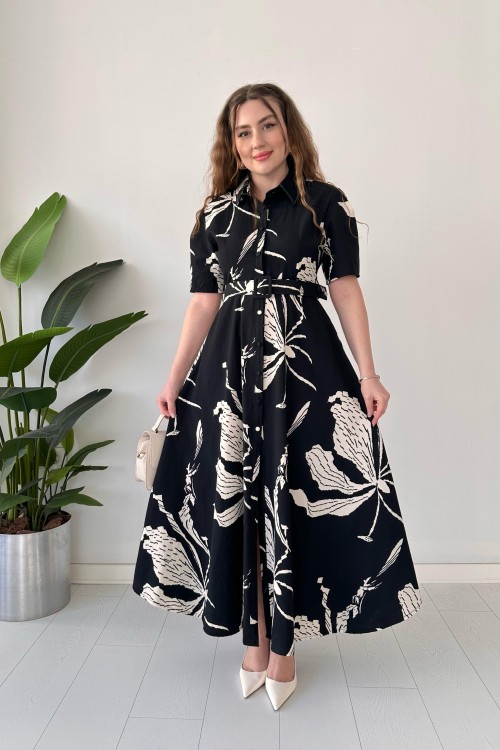 Robe en popeline à grands motifs noire