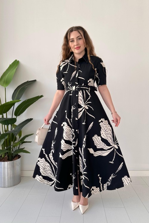 Robe en popeline à grands motifs noire