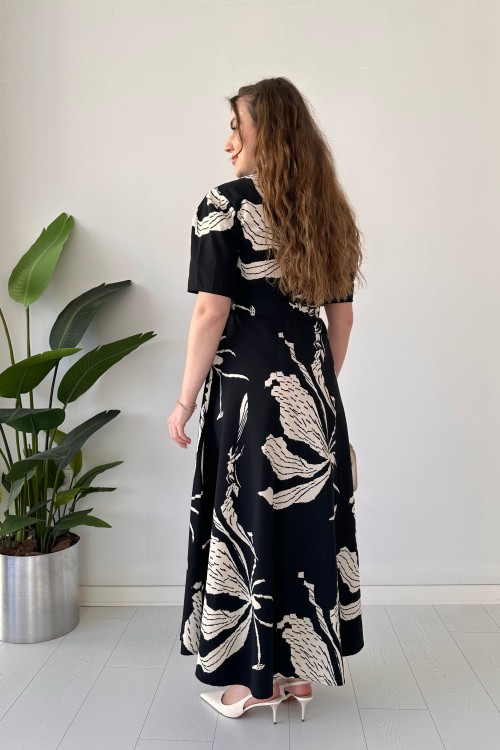 Robe en popeline à grands motifs noire