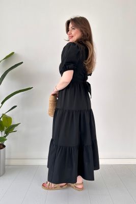 Çapraz Düz Poplin Elbise Siyah - Thumbnail