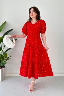 Çapraz Puantiyeli Poplin Elbise Kırmızı - Thumbnail