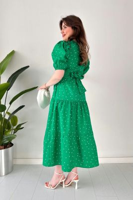 Çapraz Puantiyeli Poplin Elbise Yeşil - Thumbnail