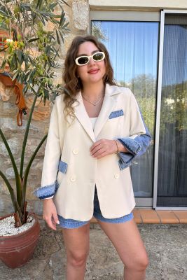 Cep Detaylı Denim Blazer Ekru - Thumbnail