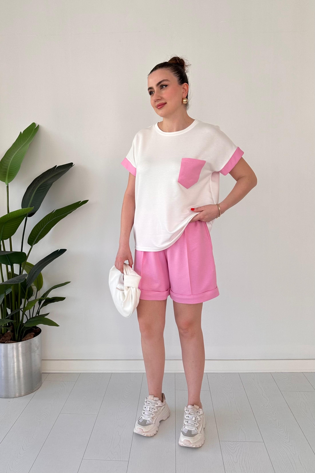 Cep Garnili Şortlu Takım Pembe - Thumbnail
