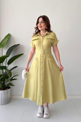 Cepli Gömlek Elbise Yağ Yeşili - Thumbnail