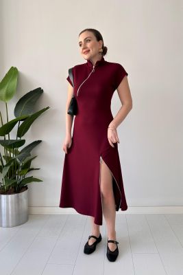 Çift Fermuarlı Modal Elbise Bordo - Thumbnail
