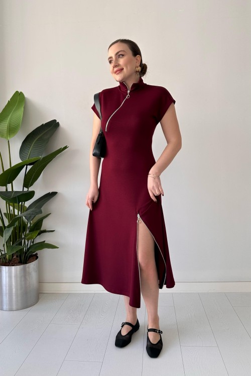 Robe en modal à double fermeture éclair bordeaux
